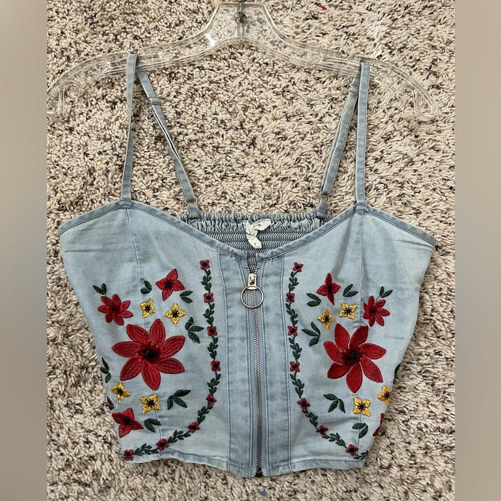 Light Blue Denim Embroidered Crop Top with Front Zip